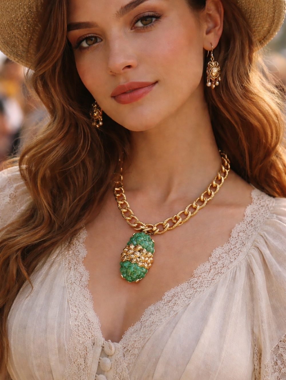 Statement Pendant Necklace Signed Gold-Tone Braided Turquoise Green Vintage